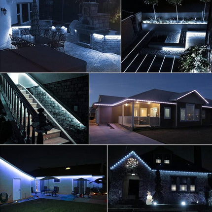Collage of various outdoor lighting installations on buildings and staircases at night.
