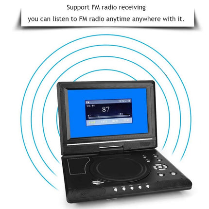 Portable DVD player with FM radio receiving feature on a white background