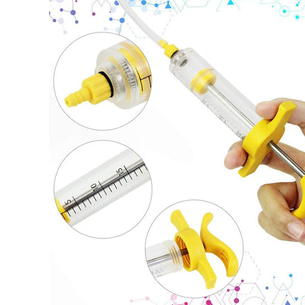 Hand holding a syringe with yellow components and close-up details on a white background