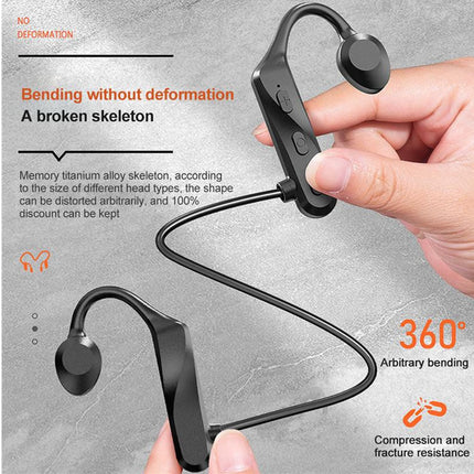 Black wireless earbuds being bent by a hand with text on deformation and flexibility.