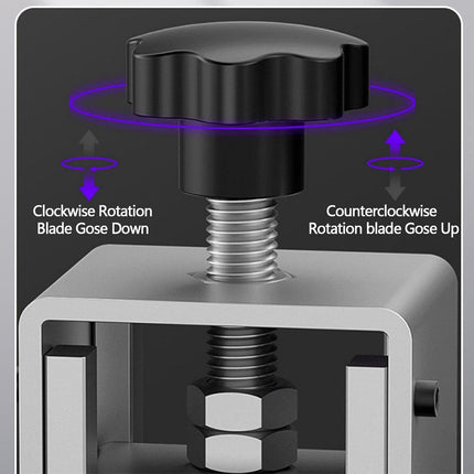 Mechanical component with black knob and labeled rotation directions on a gray background
