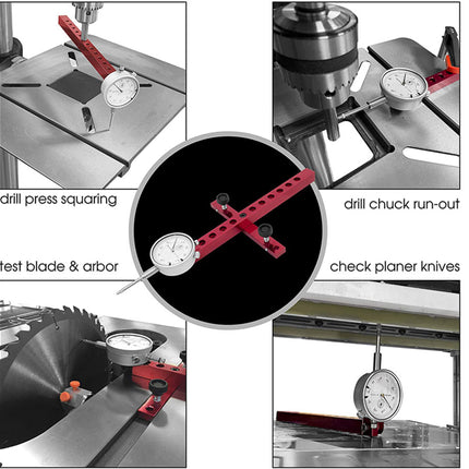 A red metal precision square tool with an integrated dial is shown in four inset photos demonstrating its use on a drill press, table saw, and other machine setups. The central black circle contains the product, and labels around it read drill press squaring, drill chuck run-out, test blade & arbor, and check planer knives.