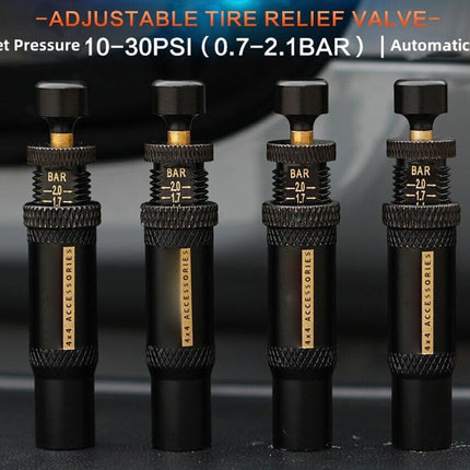 Four black tire relief valve tools with gold accents and white text, shown against a dark background with promotional text at the top.