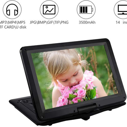 Portable electronic device with a screen displaying a child with flowers, surrounded by icons and specifications.
