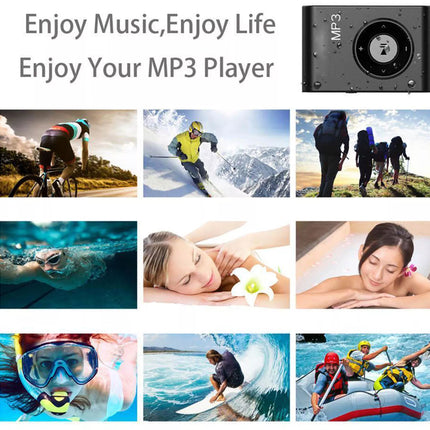 An MP3 player camera product photo on a white background with the text 'Enjoy Music, Enjoy Life, Enjoy Your MP3 Player' and a grid of lifestyle photos showing outdoor and relaxing scenes.