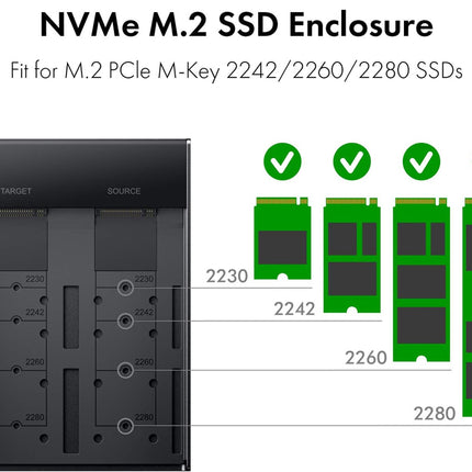 NVMe M.2 SSD enclosure with compatibility diagram for M.2 PCIe M-Key SSDs.