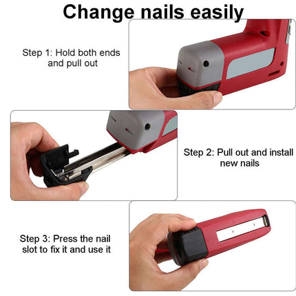 Instruction graphic showing how to change nails in a red and gray nail gun, with three labeled panels: Step 1 hold both ends and pull out, Step 2 pull out and install new nails, Step 3 press the nail slot to fix it and use it.