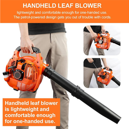 Handheld leaf blower with text highlighting its features on a white background