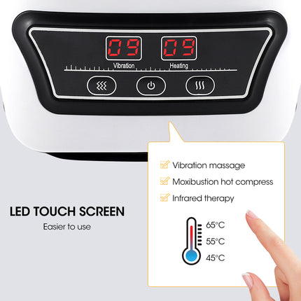Close-up of a white and black LED touch screen control panel with red digital displays and three buttons, plus an inset callout showing touch screen features like vibration massage, maxibustion hot compress, and infrared therapy.