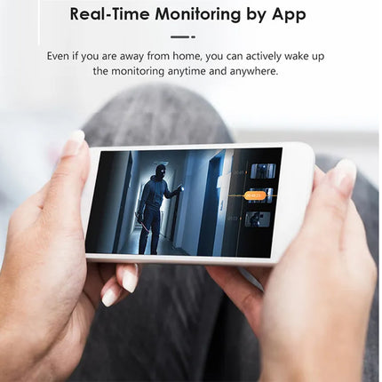 Person holding a smartphone displaying real-time monitoring app with text about app-based real-time monitoring.
