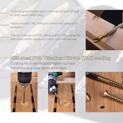 HSS steel PVD Titanium Nitride (TiN) coated drill bit with a gold-colored fluted body and silver cutting tip, shown alongside multiple inset photos demonstrating its use for drilling wood, screws, and metal with explanatory text callouts.