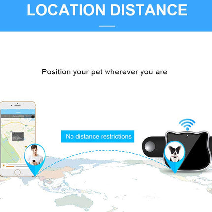 Pet location tracker device with smartphone app on a world map background