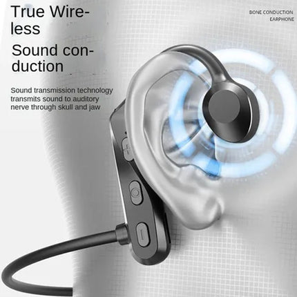 True wireless earbud with sound conduction technology on a gray background