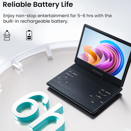 Portable device with a colorful display on a white background, emphasizing reliable battery life.