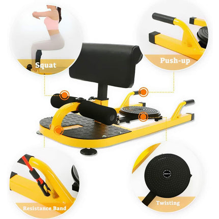 Multifunctional exercise device with various workout attachments on a white background