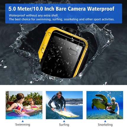 Waterproof camera being submerged in water with activities like swimming, surfing, and snorkeling depicted.