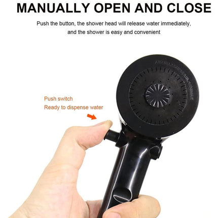 A hand holding a black shower head against a white background, with instructional text explaining how to manually open and close it by pushing the switch.