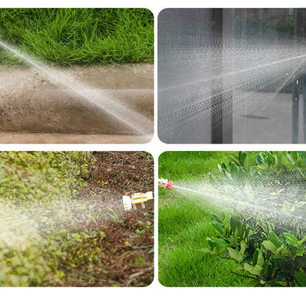 Collage of four images showing a garden hose spraying water in different settings.