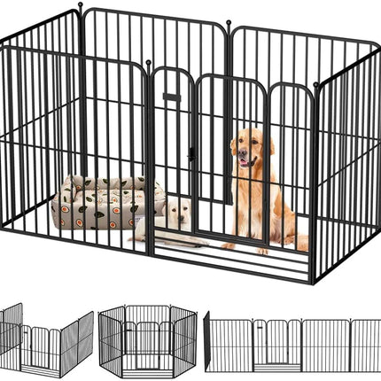 Black metal dog playpen with a gate and divider panels, shown with a small dog inside and three smaller panel configuration views along the bottom on a white background.