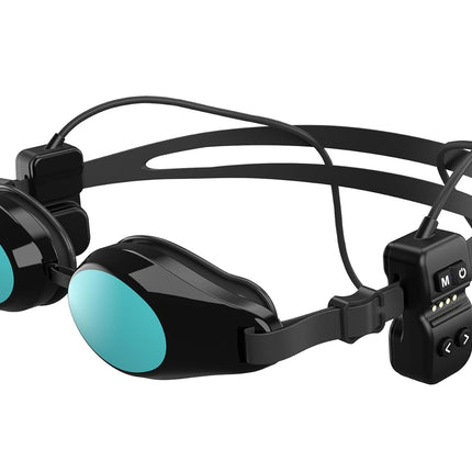 Black and turquoise eye tracker device on a white background