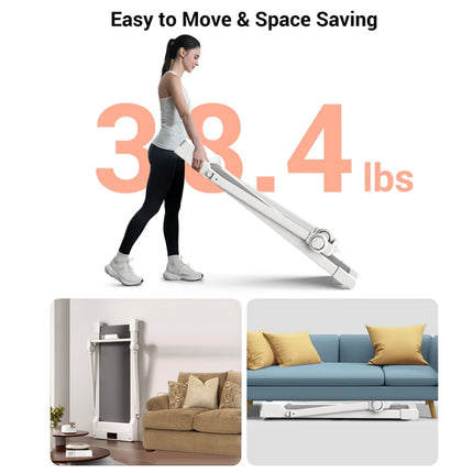 Woman moving a vacuum cleaner with text indicating weight and space-saving features.
