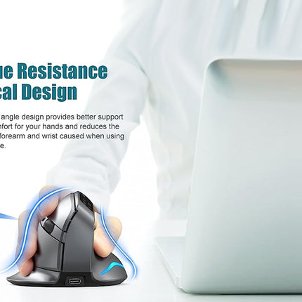 Person using a vertical mouse with text highlighting fatigue resistance and ergonomic design.