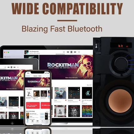 Speaker system with electronic devices displaying 'Rocketman' music app on a light gray background