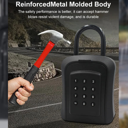 Black metal numeric keypad security lock with a U-shaped handle, shown with a hand holding a hammer in front of a road scene. Text at the top reads 'Reinforced Metal Molded Body' with additional safety claim text.