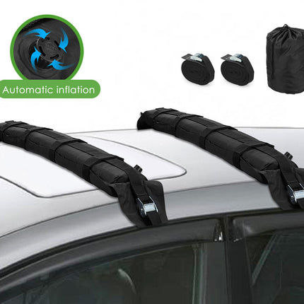 Car roof rack system with automatic inflation feature on a white car background
