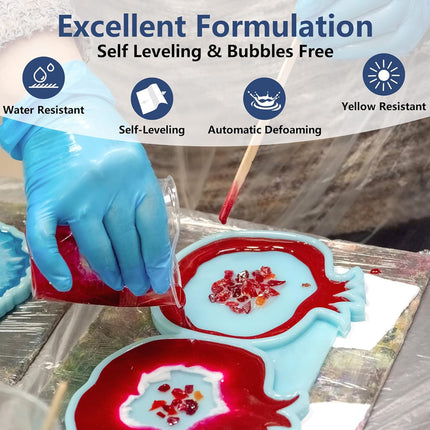 Person pouring red liquid into a mold with blue gloves, featuring text on excellent formulation.