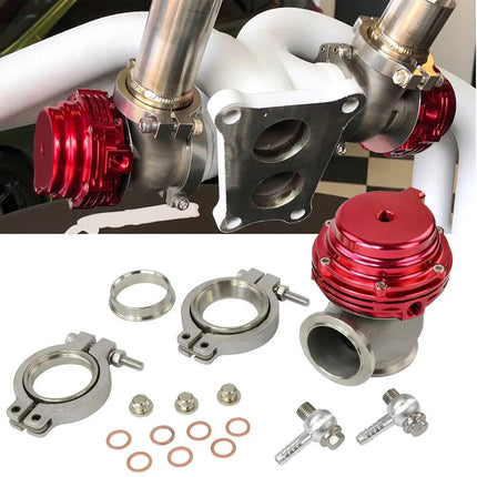Turbocharger components with red and silver finish on a white background