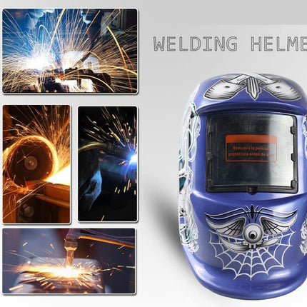 Blue welding helmet with spider web design on a white background with welding images.