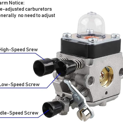 Carburetor with labeled parts on a white background