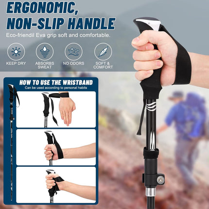 Ergonomic walking stick with wristband and usage instructions on a blurred background