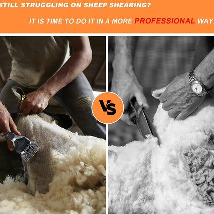 Comparison of sheep shearing with and without professional tools on a white background.