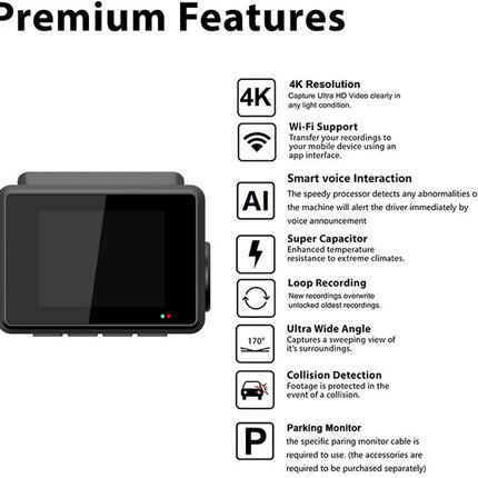 Product feature list with camera and text on a white background