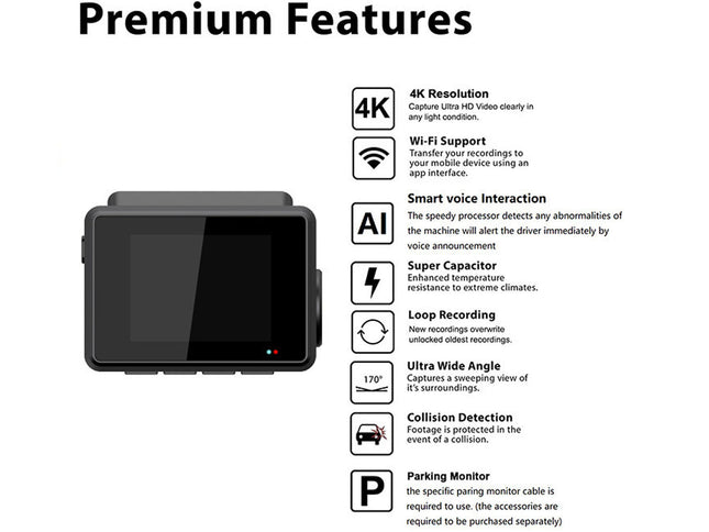 Product feature list with camera and text on a white background