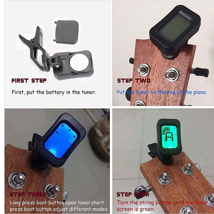 Step-by-step guide on using a guitar tuner with images and text instructions.