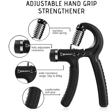 Black adjustable hand grip strengthener with labeled features on a white background