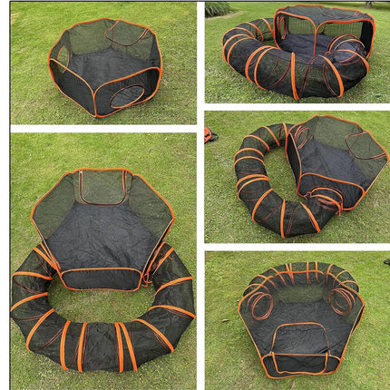 A collage of five photos showing a black mesh playpen or tunnel-like pet enclosure with bright orange trim, set on green grass. The product is shown from multiple angles in different configurations.
