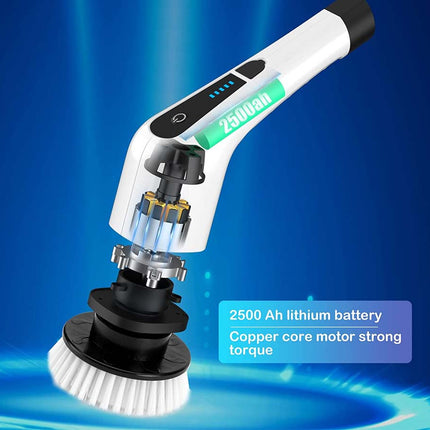 Power scrubber with brush on a blue gradient background
