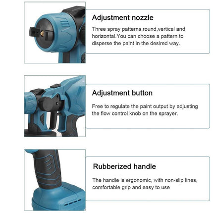 A product feature infographic showing three close-up views of a blue cordless spray gun with text labels: Adjustment nozzle, Adjustment button, and Rubberized handle, on a white background.