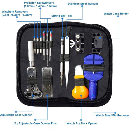 Watch repair tool kit with labeled components on a white background