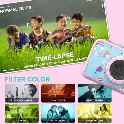 A promotional graphic for a pink instant camera shown next to a sample photo preview labeled 'TIME-LAPSE' and a section titled 'FILTER COLOR' with six color options including black and white, sun color, negative film, green, royal blue, and gold yellow.