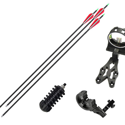 Bow components including an archery bow, sight, and arrows on a white background