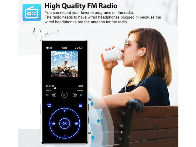 Person drinking from a cup with earphones, next to a high-quality FM radio device.