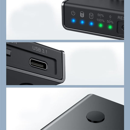 Close-up of a USB 3.1 device with indicator lights on a light blue background