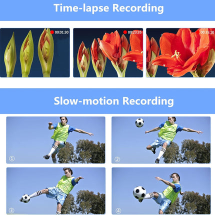 Comparison of time-lapse and slow-motion recording with images of a flower and a soccer player.