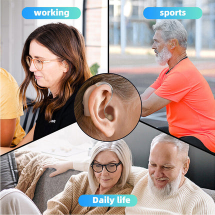 Collage of people in different scenarios with an inset of an ear, labeled 'working', 'sports', and 'Daily life'.