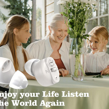 Woman with two children sitting at a table with white earbud devices, text 'Enjoy your Life Listen The World Again'.